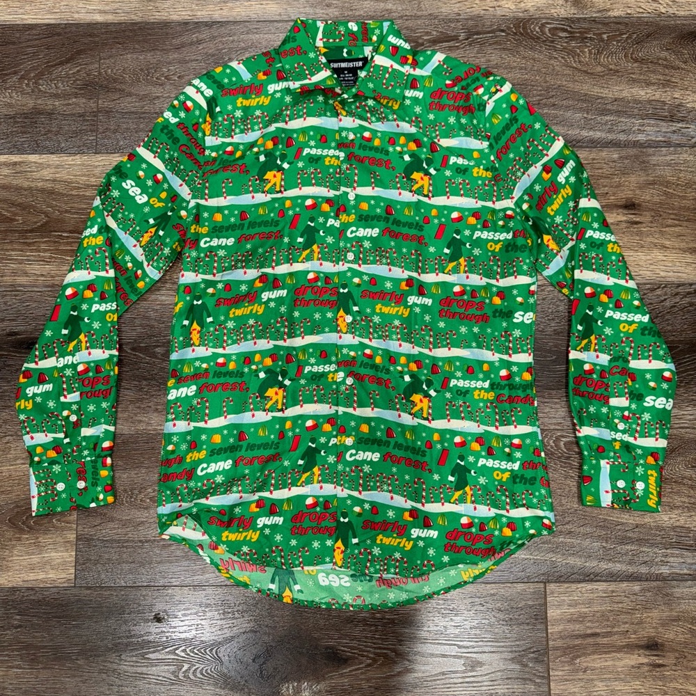 Suitmeister Buddy the Elf Christmas Holiday Allover Print Button Down Shirt Sz M
